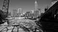 A black and white shot of frozen Cuyahoga River - CLEVELAND - OHIO