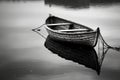 Black and white shot of lonely wooden boat in lake. Generative AI