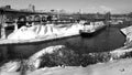 A black and white shot of Progressive Field and the Cuyahoga River - CLEVELAND - OHIO Royalty Free Stock Photo