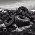 Black-and-white shot of a stack of tires. Environment pollution. AI-generated.