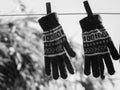 A black and white shot of woolen gloves hanging on a wire outside Royalty Free Stock Photo