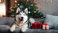 Black and white Siberian Husky on Christmas Eve. A charming dog lies on the sofa next to gifts in a festively decorated apartment