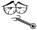 Black And White Sick Cartoon Funny Face With Tired Expression And Thermometer