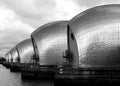 Black and white side view of The Thames Barrier