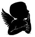 Silhouette of baby angel thinks leaning his hand to his lips Royalty Free Stock Photo