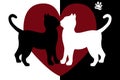 Black and white silhouette cat on red background heart