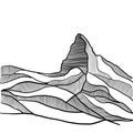 Black and white silhouette of the famous mountain Cervino, part of the Italian and Swiss Alps. Handmade drawing of the main summit