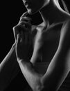 Black-white silhouette of female shoulders and hands. Female silhouette. The girl holds her hands folded together Royalty Free Stock Photo