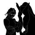 Black and white silhouette of a girl next to a horse