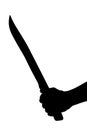 black and white silhouette of human hand holding old long bloody kitchen knife