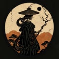 And white silhouette of a Japanese folklore style witch