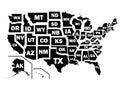 Black Map of US Federal States with Postal Code Abbreviations