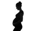 Black and white silhouette portrait of pregnant woman with hand on belly, long-awaited pregnancy Royalty Free Stock Photo