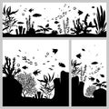 Black and white silhouette of a sea coral reef. Seascapes with fish, corals and seaweeds. Royalty Free Stock Photo