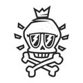 Black and white silhouette of stylish funny skull with christened bones wearing glasses and crown on its head.