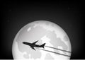 Black and white silhouette of th plane flying against the background of the full moon and the starry night sky, horizontal vector