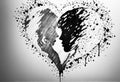 Black and white silhouette of two people before a heart-shaped kiss. Rough strokes and paint stains