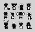 Black and white silhouettes of cute animals. Kawaii cat, rabbit, lion, elephant, bear, koala, deer, hedgehog. Hand drawn pet