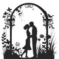 Black and white silhouettes of a groom and a bride holding hands and standing under an flower arch. Royalty Free Stock Photo