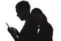 Black and white silhouettes of portraits men with smartphone and women on white background. technical dependency