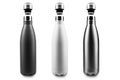 Black, white and silver, stainless thermos bottles with mockup and open up top cap, for water or another liquid. Steel bottle, no