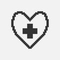 black and white simple 1bit vector pixel art icon of abstract heart with medical cross inside Royalty Free Stock Photo