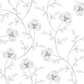 Black and white simple floral print, seamless pattern with stylized flowers in folk style. Vector linear art for fabric and paper Royalty Free Stock Photo