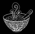 Black and white simple hand drawn doodle of a bowl of soup