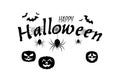 Black and white simple Happy Halloween text banner with spiders, spider webs and scary pumpkins