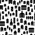 Black and white simple houses and buildings small town empty streets seamless pattern, vector Royalty Free Stock Photo