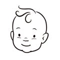 Black and white simple line vector cartoon illustration of a smiling baby face.