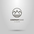 Simple vector line art logo of mountains and pond water waves in a round frame Royalty Free Stock Photo