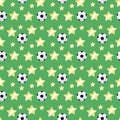 Black and white simple volumetric soccer ball with a glare and yellow stars repeating light seamless pattern sporty on a green bac Royalty Free Stock Photo