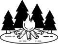 black and white single icon of a forest with a campfire in the middle Royalty Free Stock Photo