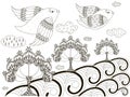 Black and white sketch of background: flying birds, stylized trees, clouds, anti stress coloring page illustration Royalty Free Stock Photo