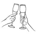 Black and white sketch of a beautiful champagne glasses pattern on a background drawing summer picture Flat vector