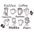Black and white sketch of a beautiful coffe stuff pattern on a background drawing summer picture Flat vector