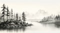 Eerily Realistic Black And White Watercolor Landscape With Pine Trees