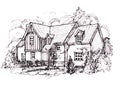 Black and white sketch of a cottage in a countryside setting. Royalty Free Stock Photo