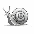 A black and white sketch of a detailed snail, Helix aspersa. The snail features a