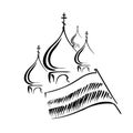 Black and white sketch of the domes of the Orthodox church and flag with three horizontal stripes