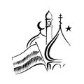 Black and white sketch of the domes of the Orthodox church, Minarets and stars and flag with three horizontal stripes