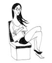black and white sketch of the girl with glasses sits