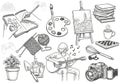 A black-and-white sketch illustrating various hobbies and pastimes. Elements include hands drawing Royalty Free Stock Photo