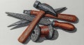 A black and white sketch illustration of three essential tools including a hammer crossed scissors and spool of thread with Royalty Free Stock Photo