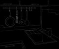 Black and white sketch of kitchen corner with sink and wall pot rack.