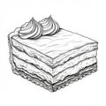 Black and white sketch of a layered cake slice with whipped cream. Royalty Free Stock Photo