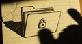 A black and white sketch of a locked folder drawn on crumpled lined paper with a hand shadow visible from a top-down perspective Royalty Free Stock Photo