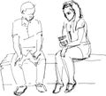 Black and white sketch of man and woman on a bench Royalty Free Stock Photo