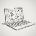 A black and white sketch of an open laptop displaying a digital drawing program. The